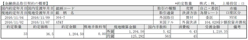 2016年11月2日に購入したT(AT&amp;T)の取引報告書