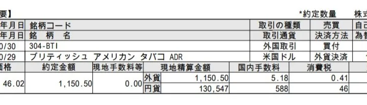 ブリティッシュ アメリカン タバコ ADRを初購入